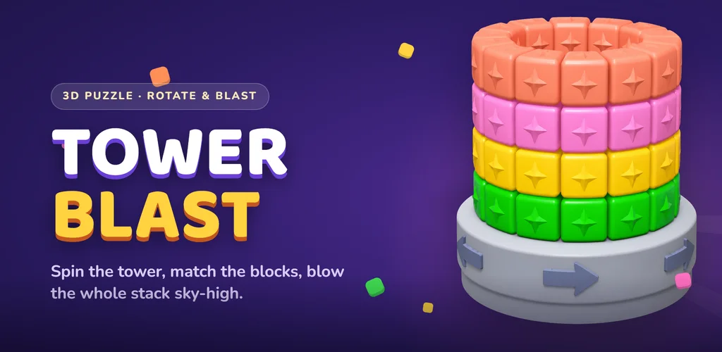 Tower Blast feature graphic with a colorful rotating block tower and the words 3D puzzle, rotate and blast