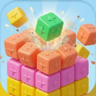 Tower Blast! app icon: glossy candy blocks mid-explosion