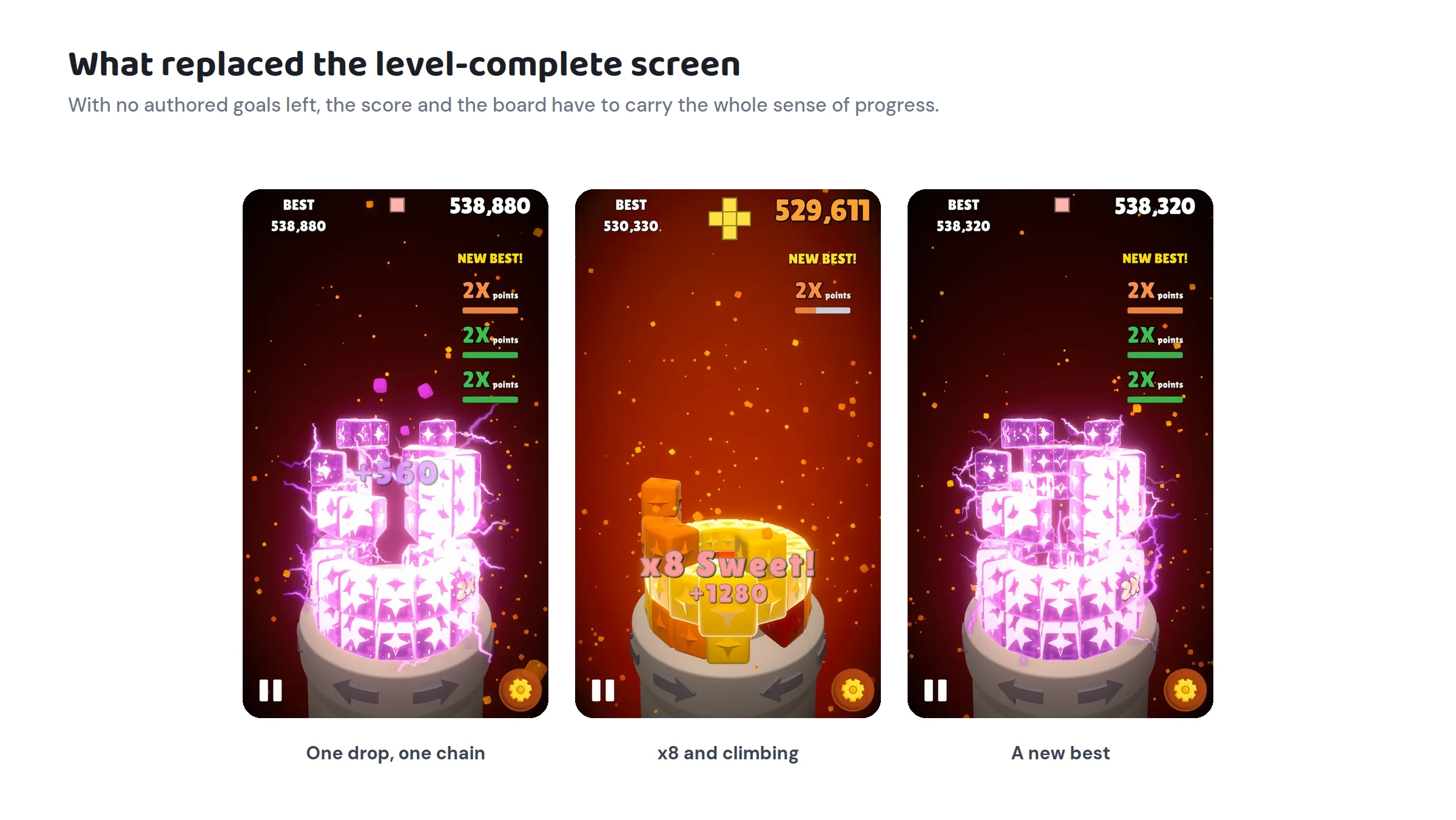 Three Tower Blast screenshots: a chain reaction, an x8 combo, and a new best score