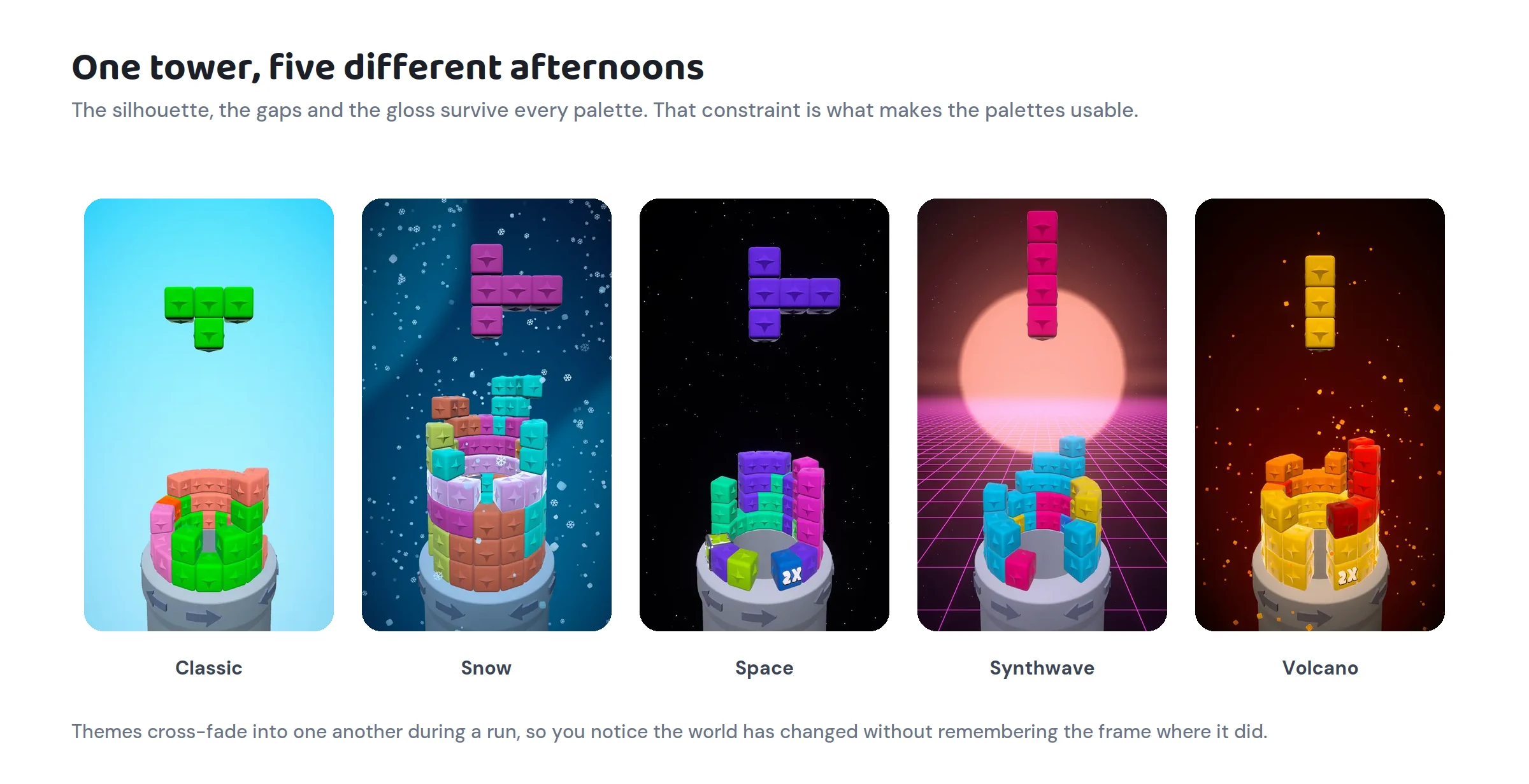 Five Tower Blast themes side by side: Classic, Snow, Space, Synthwave and Volcano, each showing the same tower